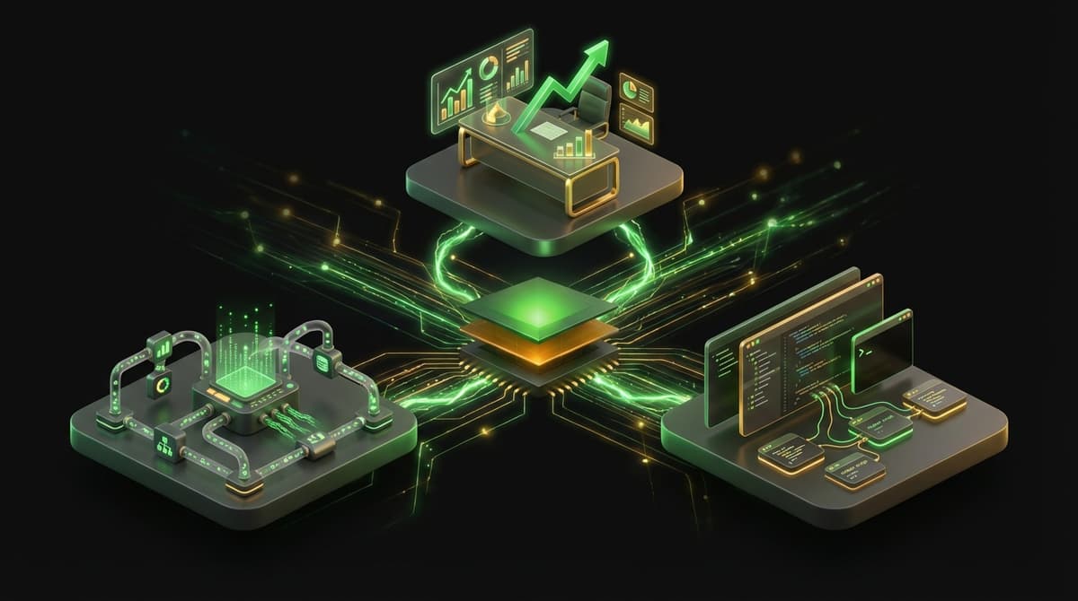 Three professional workstations representing founders, operations, and technical teams